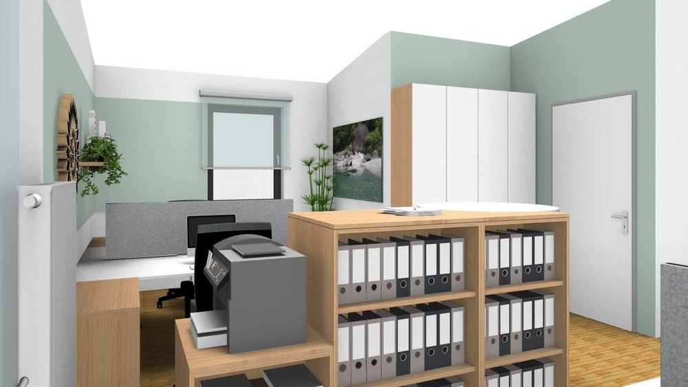 Planungsbeispiel für die Raumaufteilung eines Büros mit zwei Arbeitsplätzen, Regalen, Schränken und Druck-/Kopiergerät