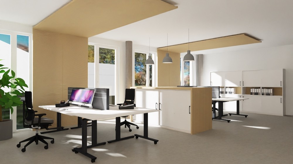 Heller und freundlich gestalteter Raum mit modernen Arbeitsplätzen und Stauraum